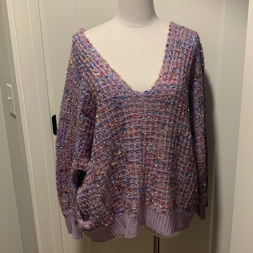 She + Sky Metallic Off-the-Shoulder Sweater One Size